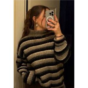 Gap Wool Unisex Black Brown Beige & White Striped Sweater Size: Xl